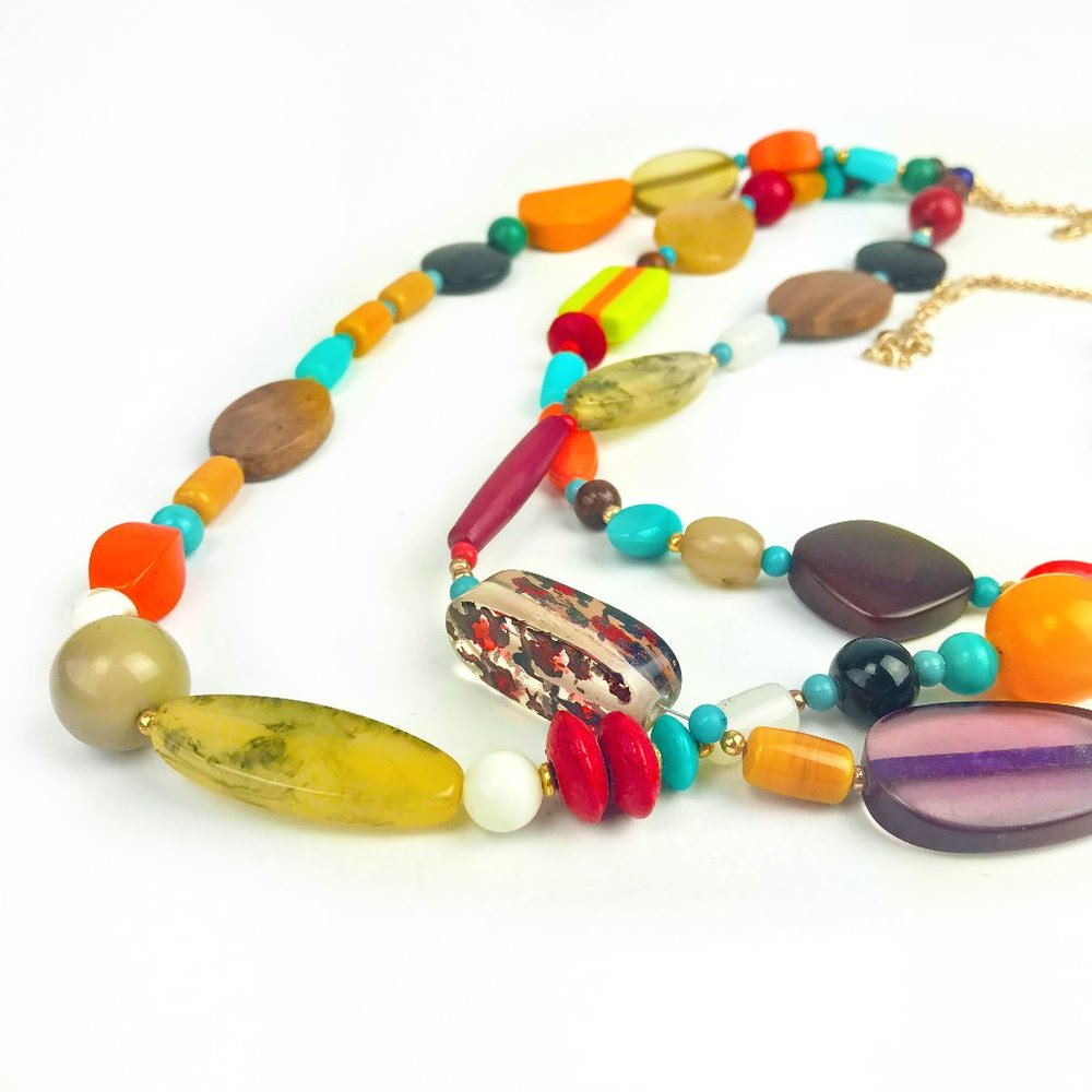 BOHO 3 Strand Wood Acrylic Bead Necklace - Picture 7 of 12